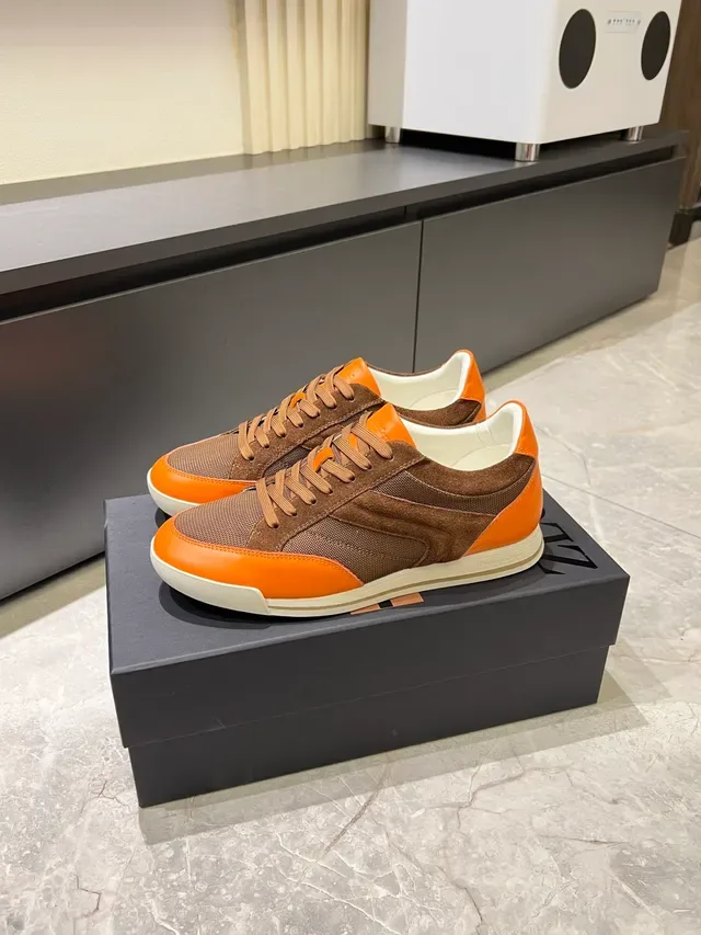 Zegna Brown Orange Mixed-Material Upper Suede And Mesh Paneling Sneakers 5