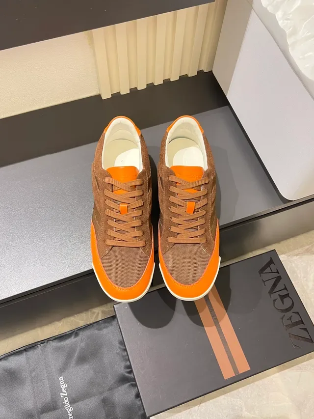 Zegna Brown Orange Mixed-Material Upper Suede And Mesh Paneling Sneakers 6