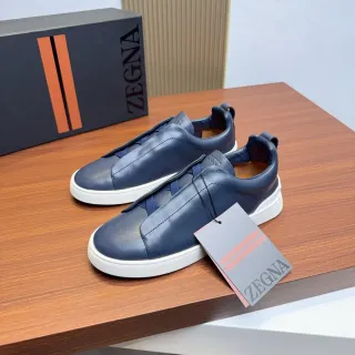 Zegna Navy Blue Leather Slip-On Lifestyle Sneakers