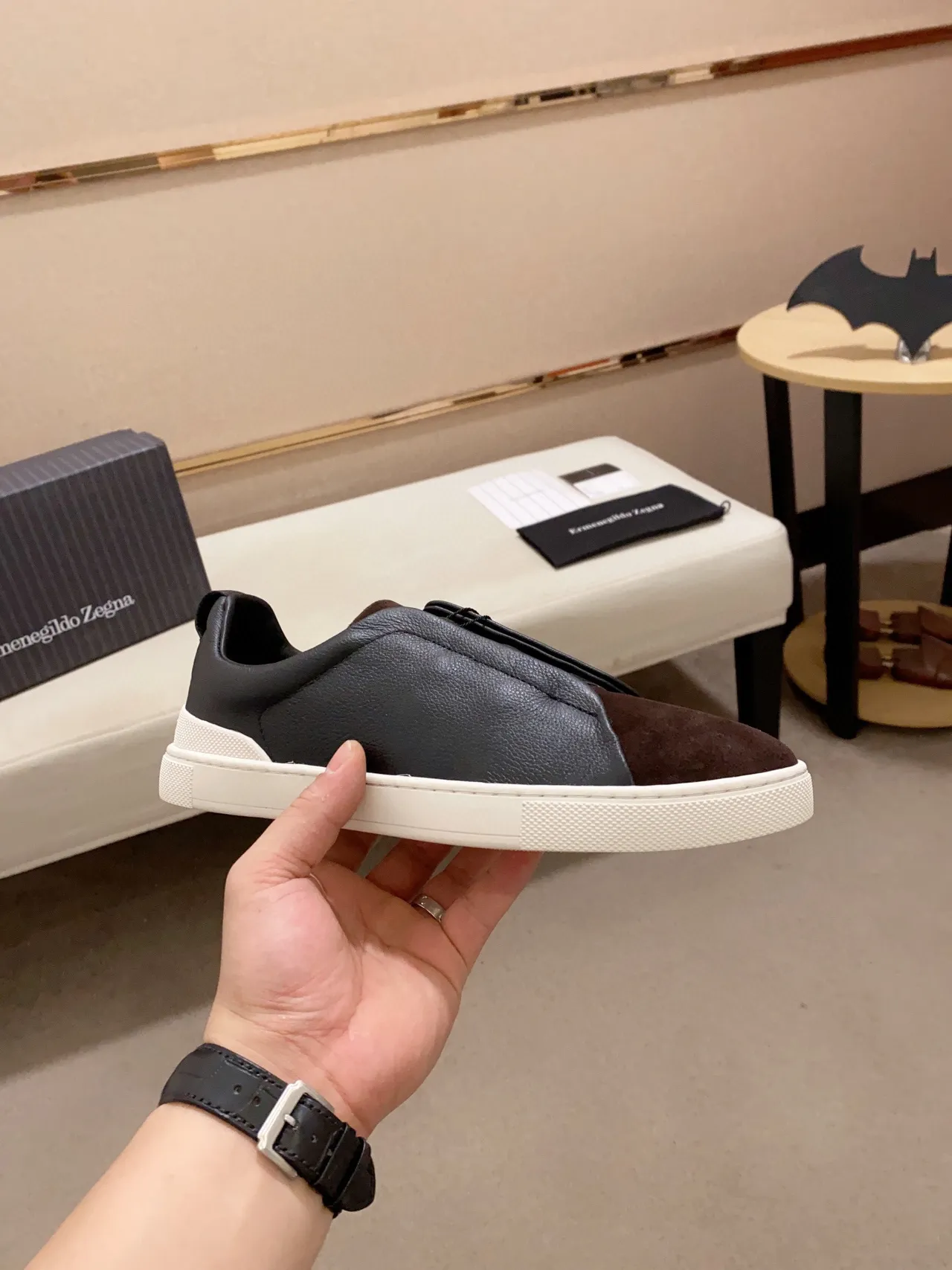 Zegna sapatilha lifestyle slip-on bicolor de couro e suede 7
