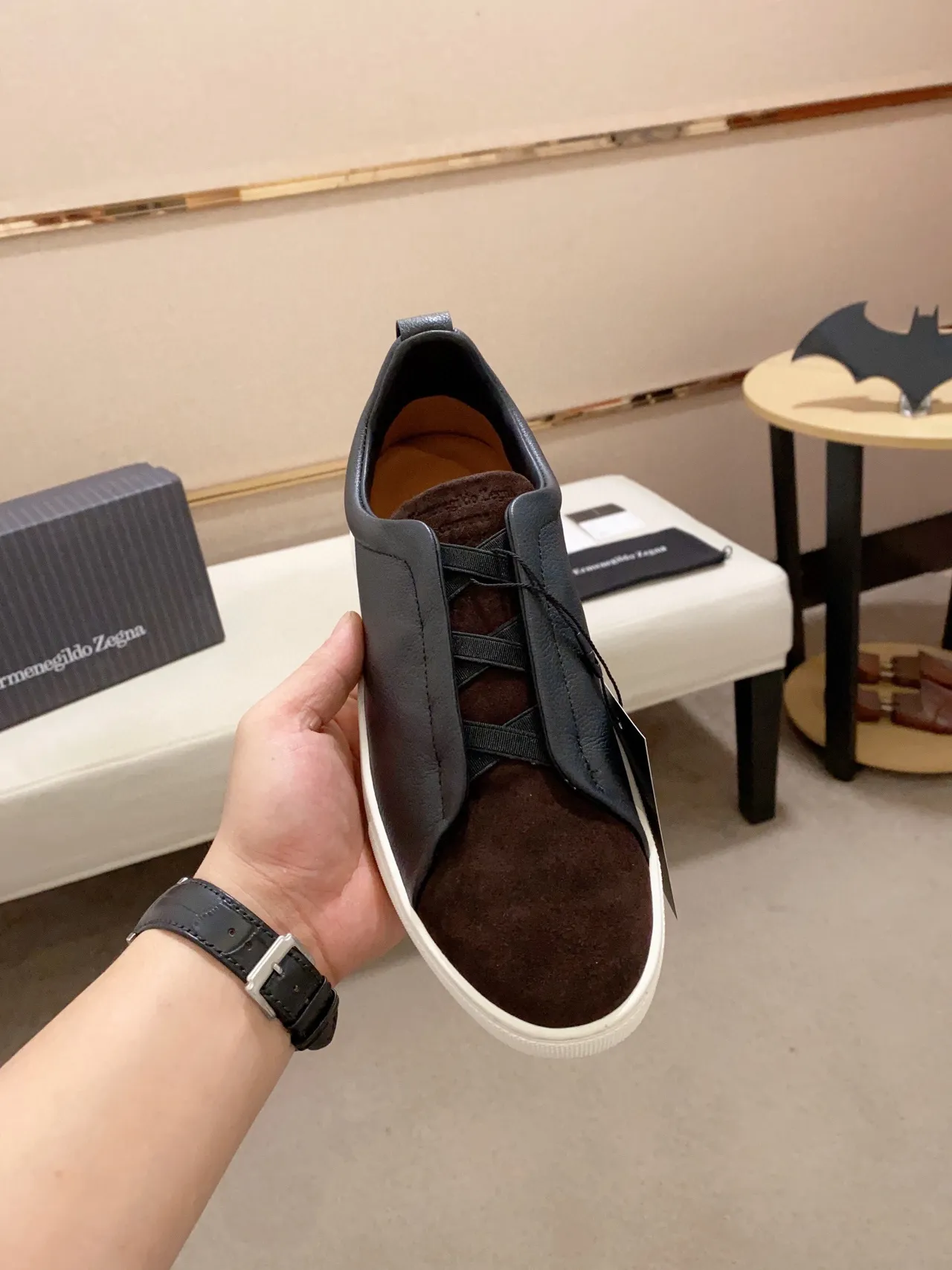 Zegna sapatilha lifestyle slip-on bicolor de couro e suede 9