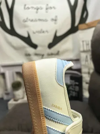 Adidas Beige Blue Laceless Velcro Strap Three-Stripe Side Panel Lifestyle Sneakers 3