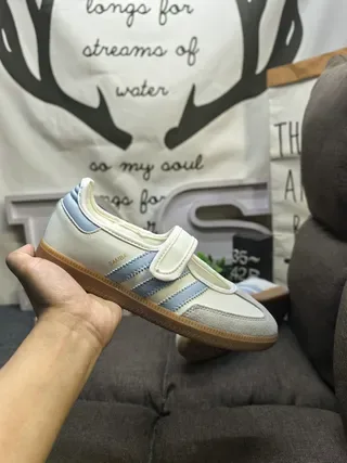 Adidas Beige Blue Laceless Velcro Strap Three-Stripe Side Panel Lifestyle Sneakers 5
