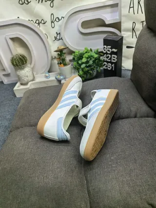 Adidas Beige Blue Laceless Velcro Strap Three-Stripe Side Panel Lifestyle Sneakers 6