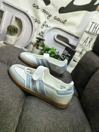 Adidas Beige Blue Laceless Velcro Strap Three-Stripe Side Panel Lifestyle Sneakers 7