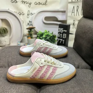 Adidas 米色粉色 露跟穆勒鞋 系带前乐福鞋