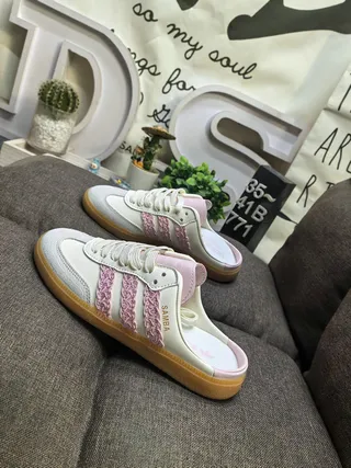 Adidas Beige Pink Backless Mule Lace-Up Front Loafer 7