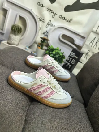 Adidas Beige Pink Backless Mule Lace-Up Front Loafer 9