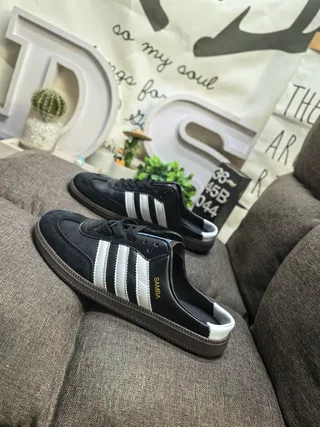 Adidas Black White Leather Upper Three-Stripe Side Lifestyle Sneakers 7