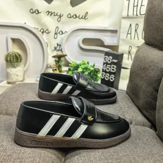 Adidas 黑白真皮鞋面三条纹侧面板乐福鞋