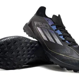 Adidas F50 Negro Azul Perfil Bajo Upper Sintético Acentos Gradiente Iridiscente Zapatos de Fútbol Turf