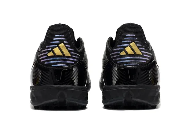Adidas F50 Preto Azul Perfil Baixo Upper Sintético Acentos Gradiente Iridescente Sapatos de Futebol Turf 3