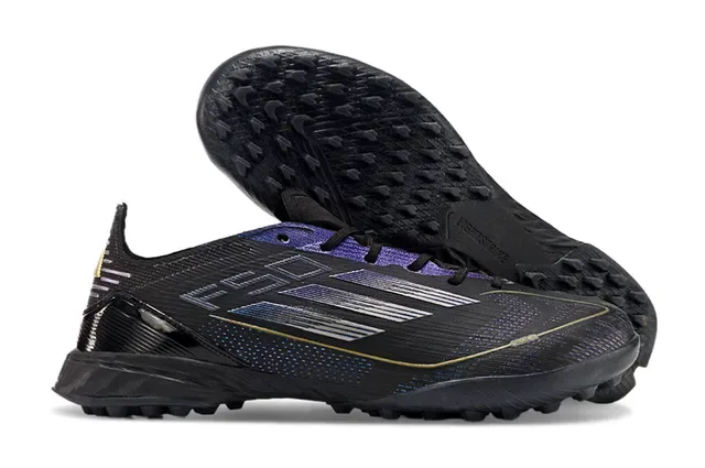 Adidas F50 Preto Azul Perfil Baixo Upper Sintético Acentos Gradiente Iridescente Sapatos de Futebol Turf 4
