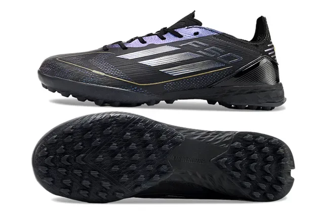 Adidas F50 Preto Azul Perfil Baixo Upper Sintético Acentos Gradiente Iridescente Sapatos de Futebol Turf 5