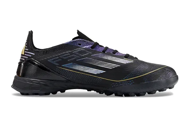Adidas F50 Preto Azul Perfil Baixo Upper Sintético Acentos Gradiente Iridescente Sapatos de Futebol Turf 7