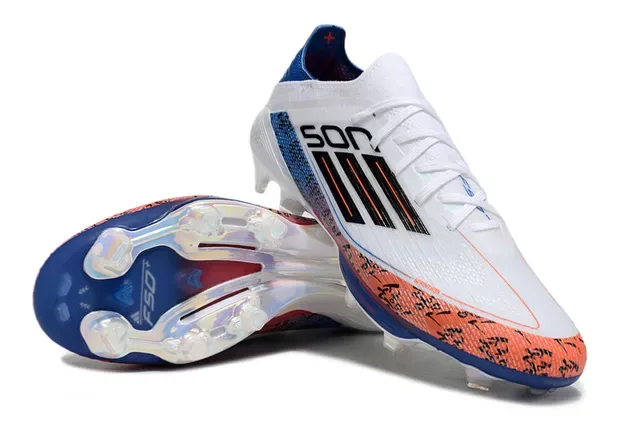 Adidas F50 Branco Azul Baixo Corte Malha Superior Placa Translucida Solo Firme Sapatos de Futebol 4