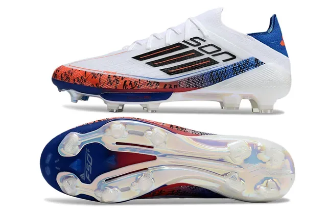 Adidas F50 Branco Azul Baixo Corte Malha Superior Placa Translucida Solo Firme Sapatos de Futebol 6