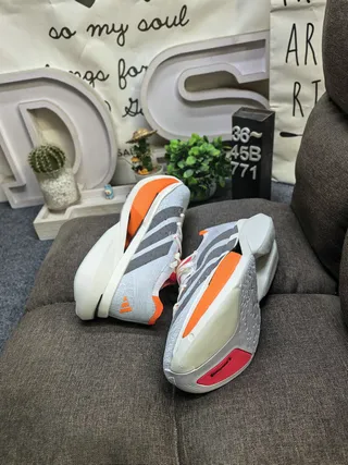 Adidas Gray Orange Engineered Knit Upper Three-Stripe Side Panel Running Shoes 6