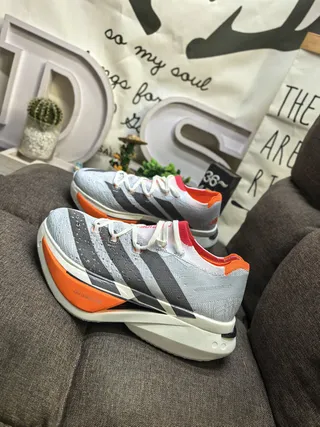 Adidas Gray Orange Engineered Knit Upper Three-Stripe Side Panel Running Shoes 7