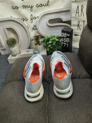 Adidas Gray Orange Engineered Knit Upper Three-Stripe Side Panel Running Shoes 8