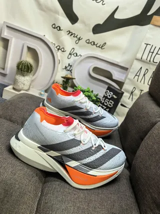 Adidas Gray Orange Engineered Knit Upper Three-Stripe Side Panel Running Shoes 9