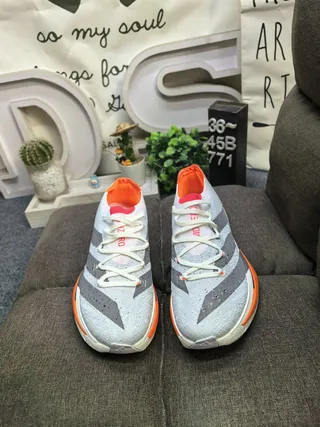Adidas Gray Orange Engineered Knit Upper Three-Stripe Side Panel Running Shoes 10
