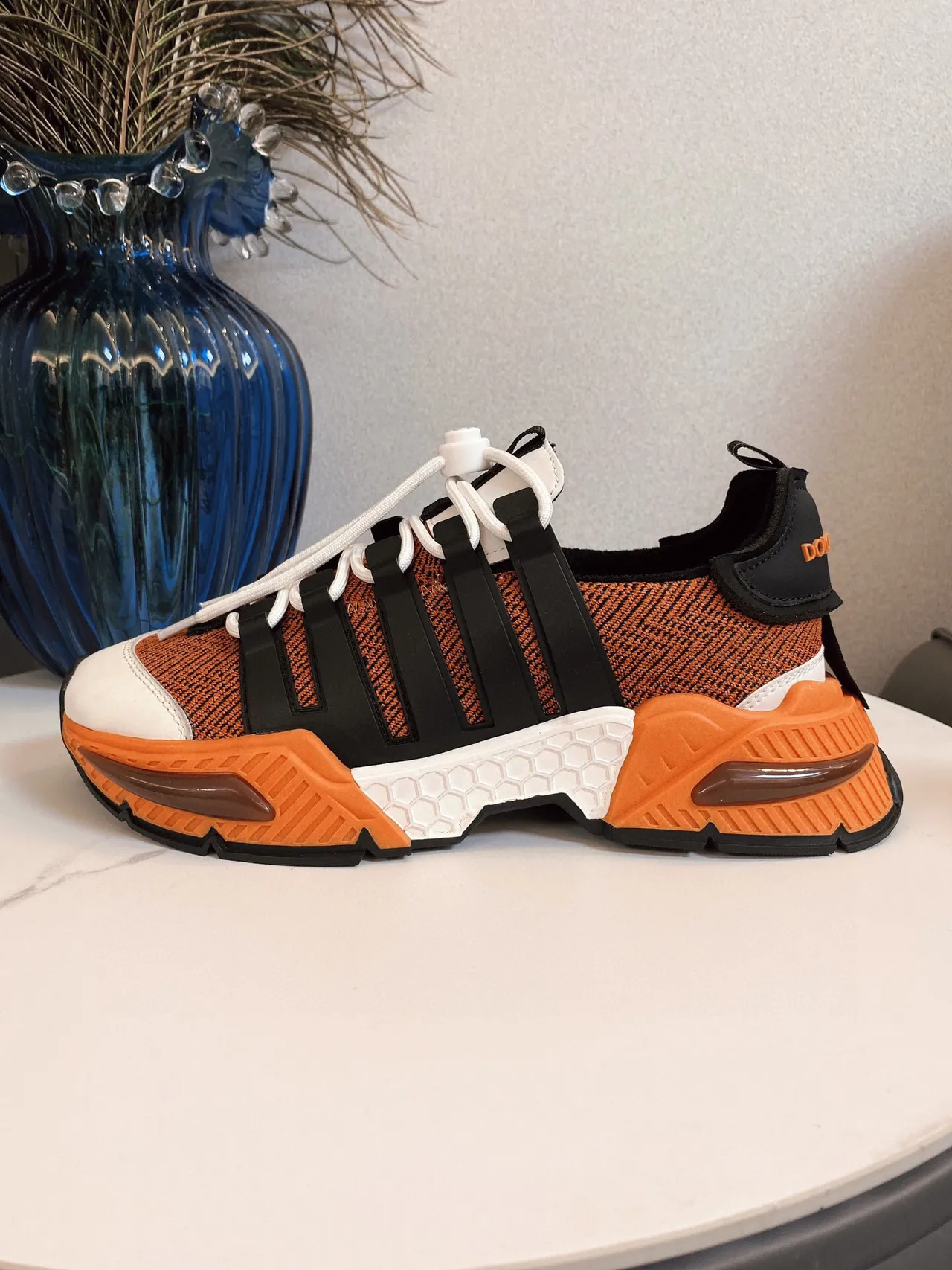 Adidas Orange Black Knit Upper Three Stripes Chunky Sneakers 4