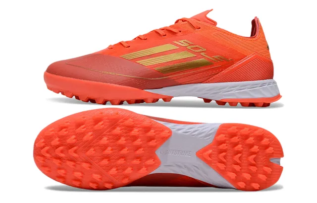 Adidas Sapatos de futebol com upper de malha, marca de listras, corte baixo, para gramado artificial, cor laranja e dourado 6