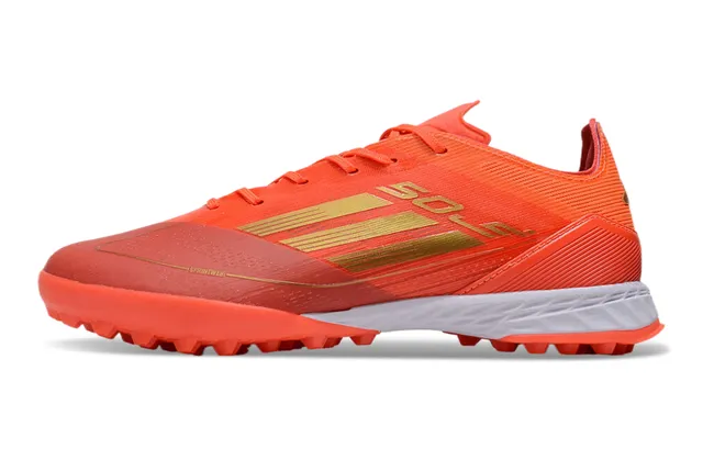 Adidas Sapatos de futebol com upper de malha, marca de listras, corte baixo, para gramado artificial, cor laranja e dourado 7