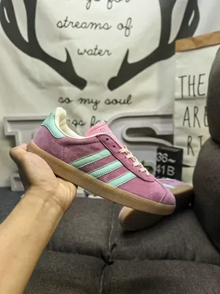 Adidas Pink Green Suede Upper Three-Stripe Side Panel Lifestyle Sneakers 5