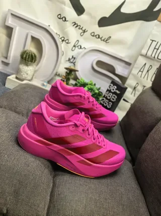 Adidas Pink Red Vibrant Monochrome Upper Three-Tone Stripe Design Running Shoes 9
