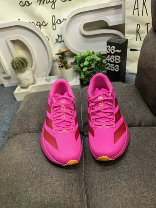 Adidas Pink Red Vibrant Monochrome Upper Three-Tone Stripe Design Running Shoes 10