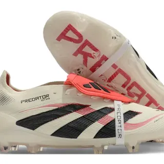 Adidas Predator Beige Red Laceless Strap Closure Ribbed Synthetic Forefoot Firm-Ground Soccer Shoes