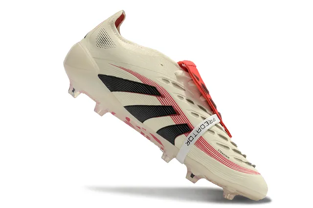 Adidas Predator Beige Red Laceless Strap Closure Ribbed Synthetic Forefoot Firm-Ground Soccer Shoes 2