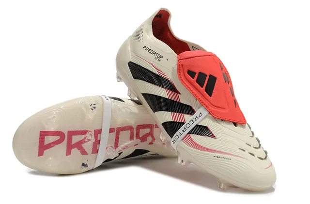 Adidas Predator Beige Red Laceless Strap Closure Ribbed Synthetic Forefoot Firm-Ground Soccer Shoes 6
