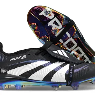 Adidas Predator काला सफेद बिना लेस के स्ट्रैप बंदी इरिडेसेन्ट होलोग्राफिक सोल फर्म-ग्राउंड सोकर जूते