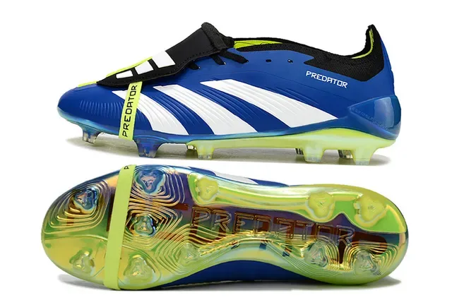 Adidas Predator Chaussures de football bleu et jaune à coupe basse avec trois rayures latérales pour sol ferme 2