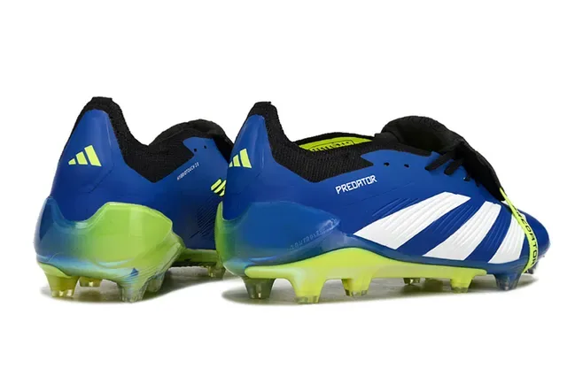 Adidas Predator Chaussures de football bleu et jaune à coupe basse avec trois rayures latérales pour sol ferme 3