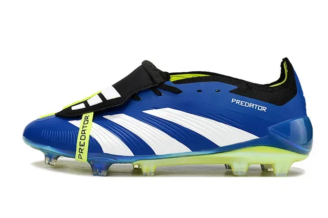 Adidas Predator Chaussures de football bleu et jaune à coupe basse avec trois rayures latérales pour sol ferme 7
