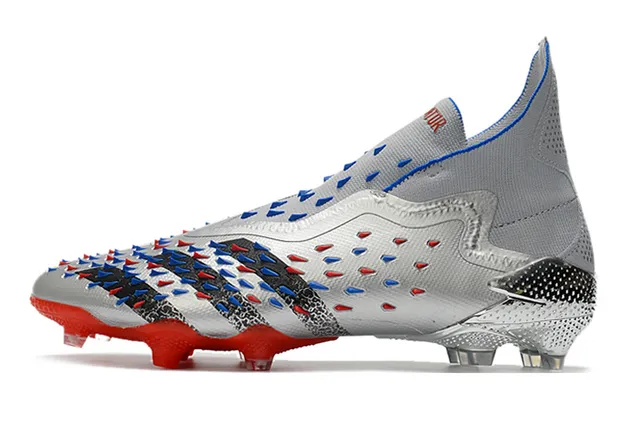 Adidas Predator Edge Prateado Vermelho Metálico Upper Sintético Moldeado Jaula do Calcanhar Firm-Ground Sapatos de Futebol 5