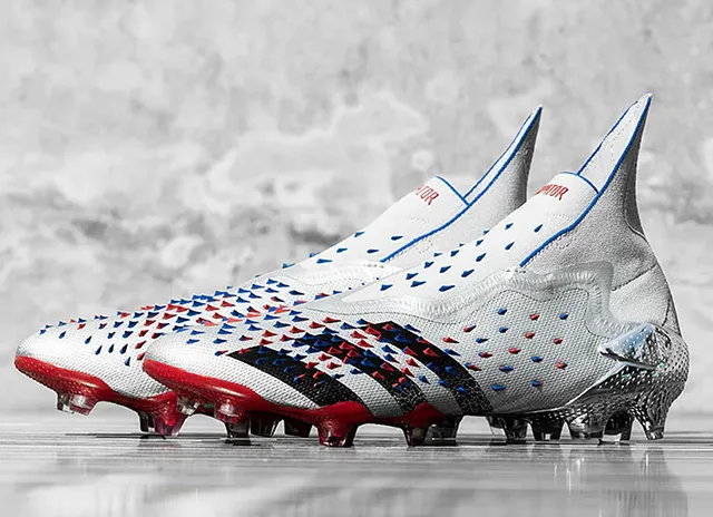 Adidas Predator Edge Prateado Vermelho Metálico Upper Sintético Moldeado Jaula do Calcanhar Firm-Ground Sapatos de Futebol 7