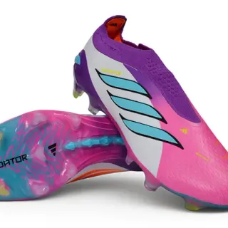 Adidas Predator Pink Purple Sock-Fit Collar Asymmetrical Cyan Stripes Firm-Ground Soccer Shoes