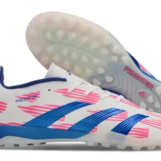 Adidas Predator सफेद नीला लो-कट सिंथेटिक अपर विकर्ण गुलाबी ग्राफिक ओवरले टर्फ फुटबॉल जूते