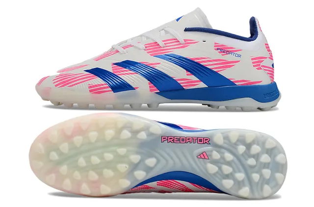 Adidas Predator Blanc Bleu Bas Coupé Supérieur Synthétique Overlay Graphique Diagonale Rose Pelouse Chaussures de Football 6