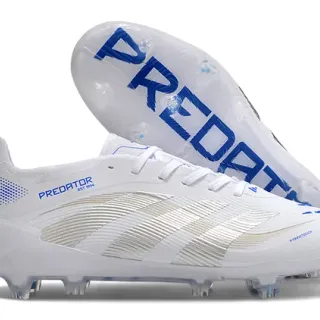 Adidas Predator White Blue Synthetic Upper Silver Metallic Three Stripes Firm-Ground Soccer Shoes
