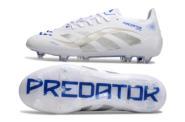 Adidas Predator White Blue Synthetic Upper Silver Metallic Three Stripes Firm-Ground Soccer Shoes 6