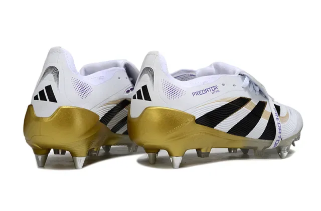 Adidas Predator Bottes de football blanches et dorées basse upper de cage rayé terrain ferme 5
