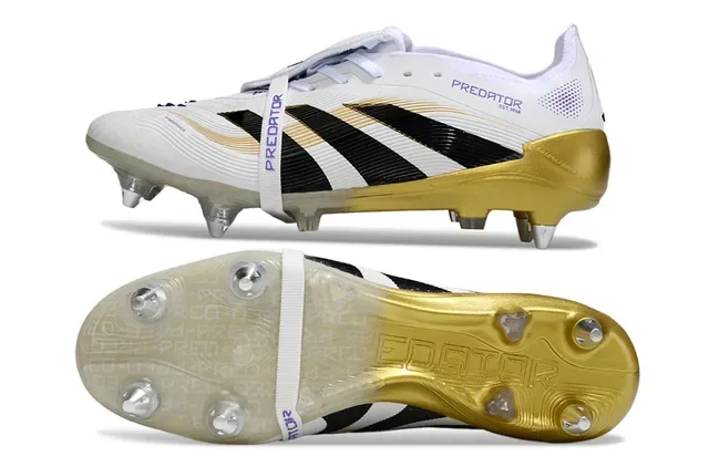 Adidas Predator Bottes de football blanches et dorées basse upper de cage rayé terrain ferme 6