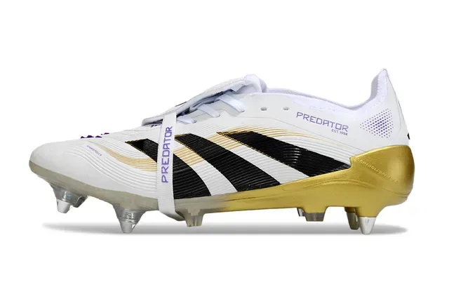 Adidas Predator Bottes de football blanches et dorées basse upper de cage rayé terrain ferme 7