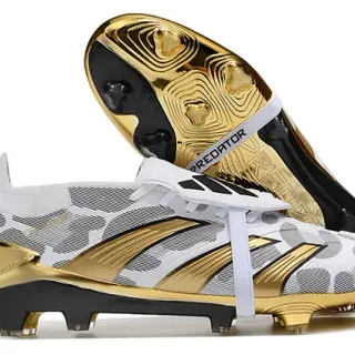 Adidas Predator White Gold Metallic Accents Geometric Patterned Upper Firm-Ground Soccer Shoes
